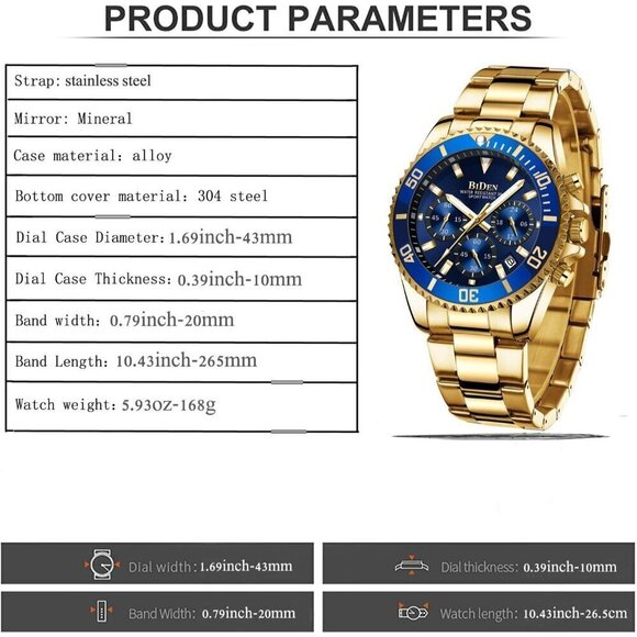 Men's Watches Chronograph Stainless Steel Blue Gold Wrist Watch Waterproof - Picture 8 of 9
